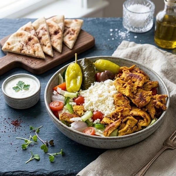 A vibrant Mediterranean chicken salad bowl with feta, pita bread, and tzatziki sauce.