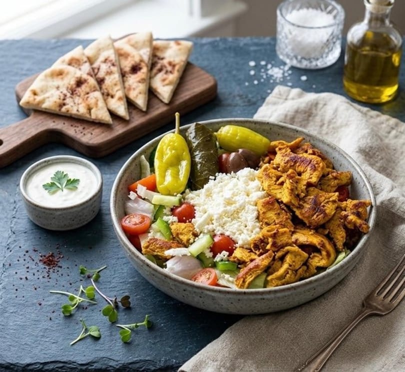 A vibrant Mediterranean chicken salad bowl with feta, pita bread, and tzatziki sauce.