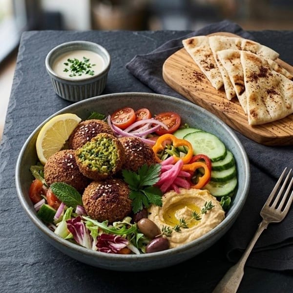 Falafel bowl with hummus, salad, pita bread, and a side of sauce on a dark table.