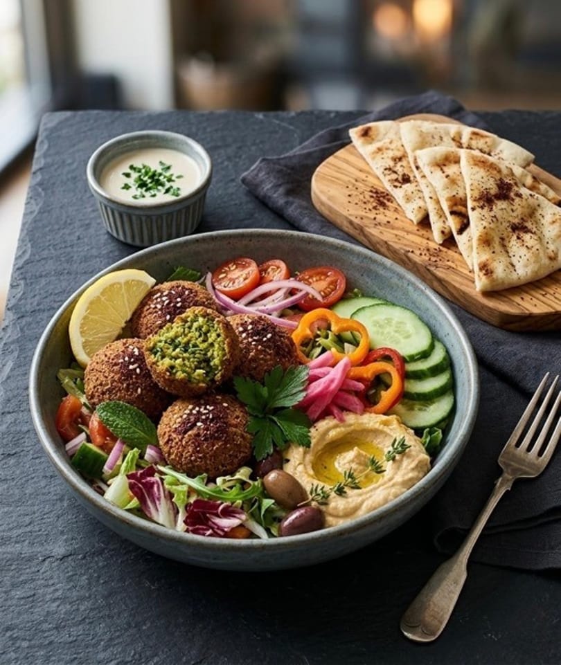 Falafel bowl with hummus, salad, pita bread, and a side of sauce on a dark table.