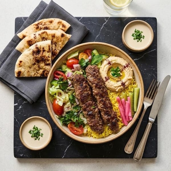 Kebab plate with rice, hummus, salad, pita bread, and sauces on a black marble board.