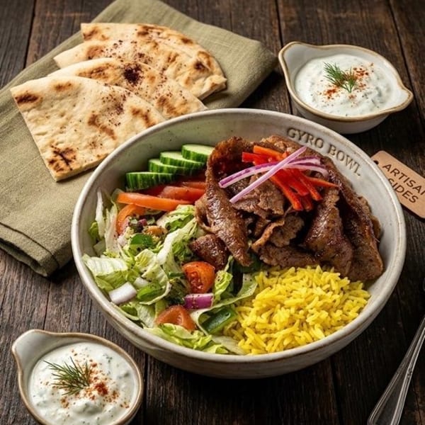 A gyro bowl with meat, rice, salad, pita bread, and two small bowls of tzatziki sauce.