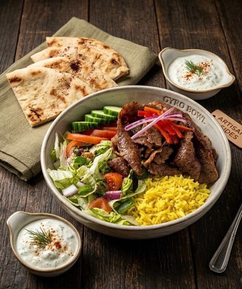 A gyro bowl with meat, rice, salad, pita bread, and two small bowls of tzatziki sauce.