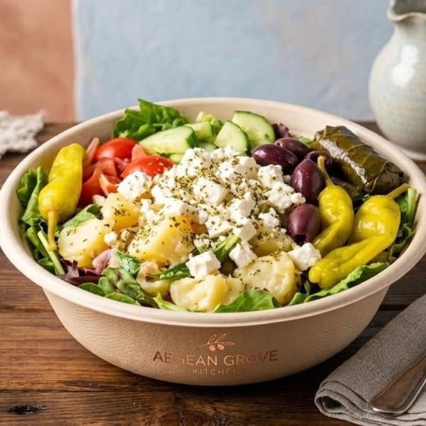 A large Aegean Grove Kitchen salad bowl filled with fresh greens, potatoes, feta, olives, and peppers.