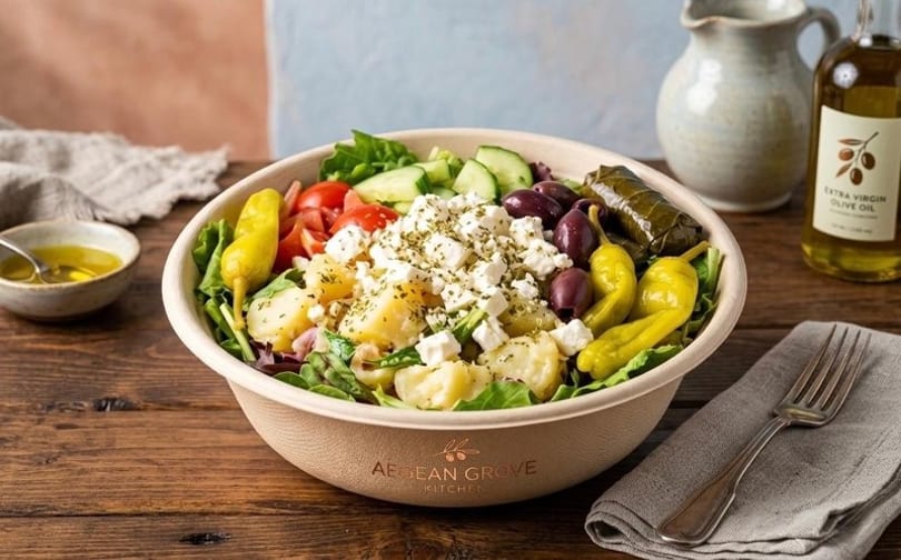 A large Aegean Grove Kitchen salad bowl filled with fresh greens, potatoes, feta, olives, and peppers.